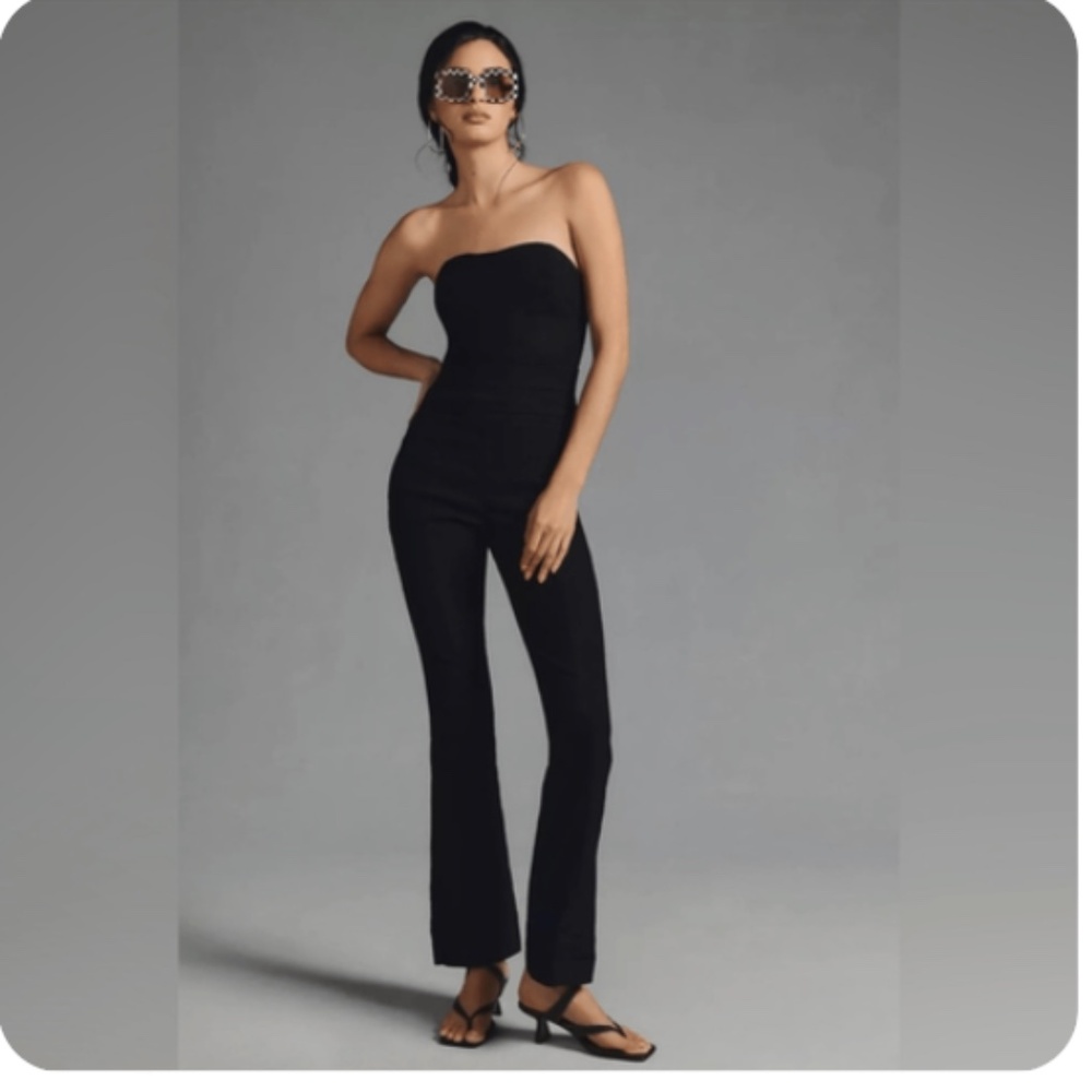 Anthropologie Maeve Strapless Slim Flare Jumpsuit Black Stretch 16 Fitted NWOT